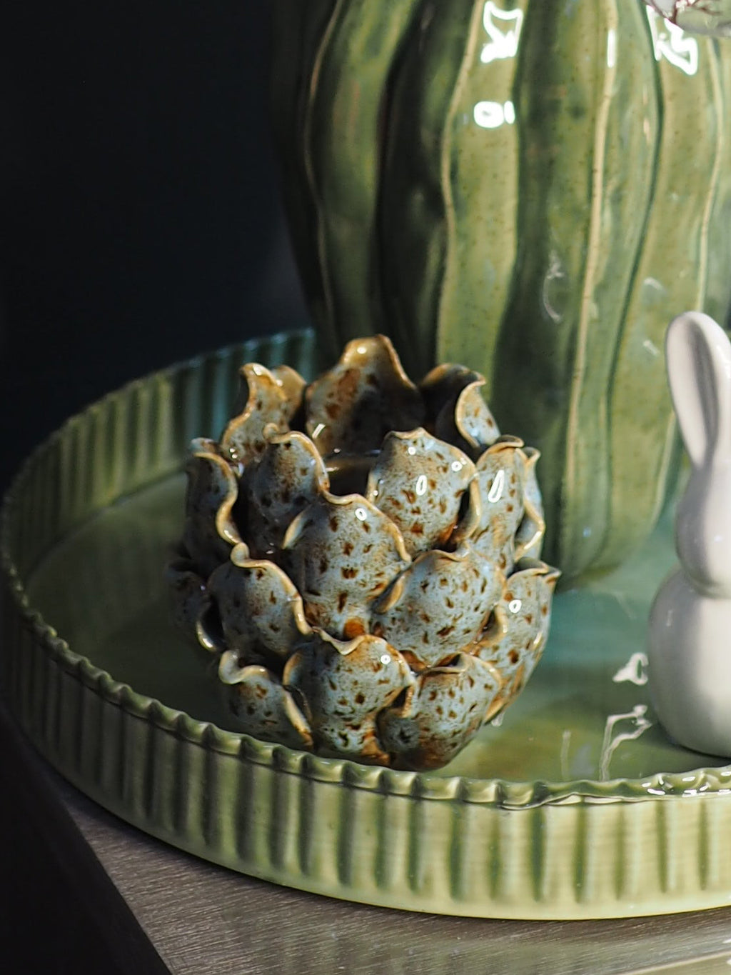 Blue/brown reactive glaze artichoke tealight holder