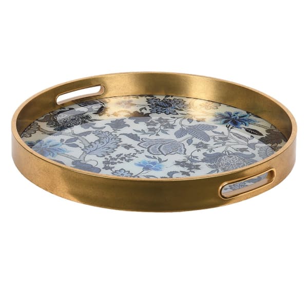 Blue and cream floral print tray with gold rim