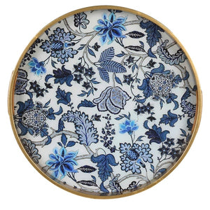 Blue and cream floral print tray with gold rim