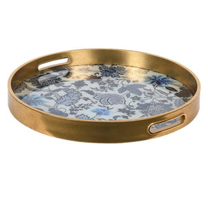 Blue and cream floral print tray with gold rim
