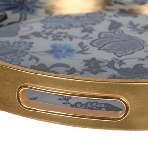 Blue and cream floral print tray with gold rim
