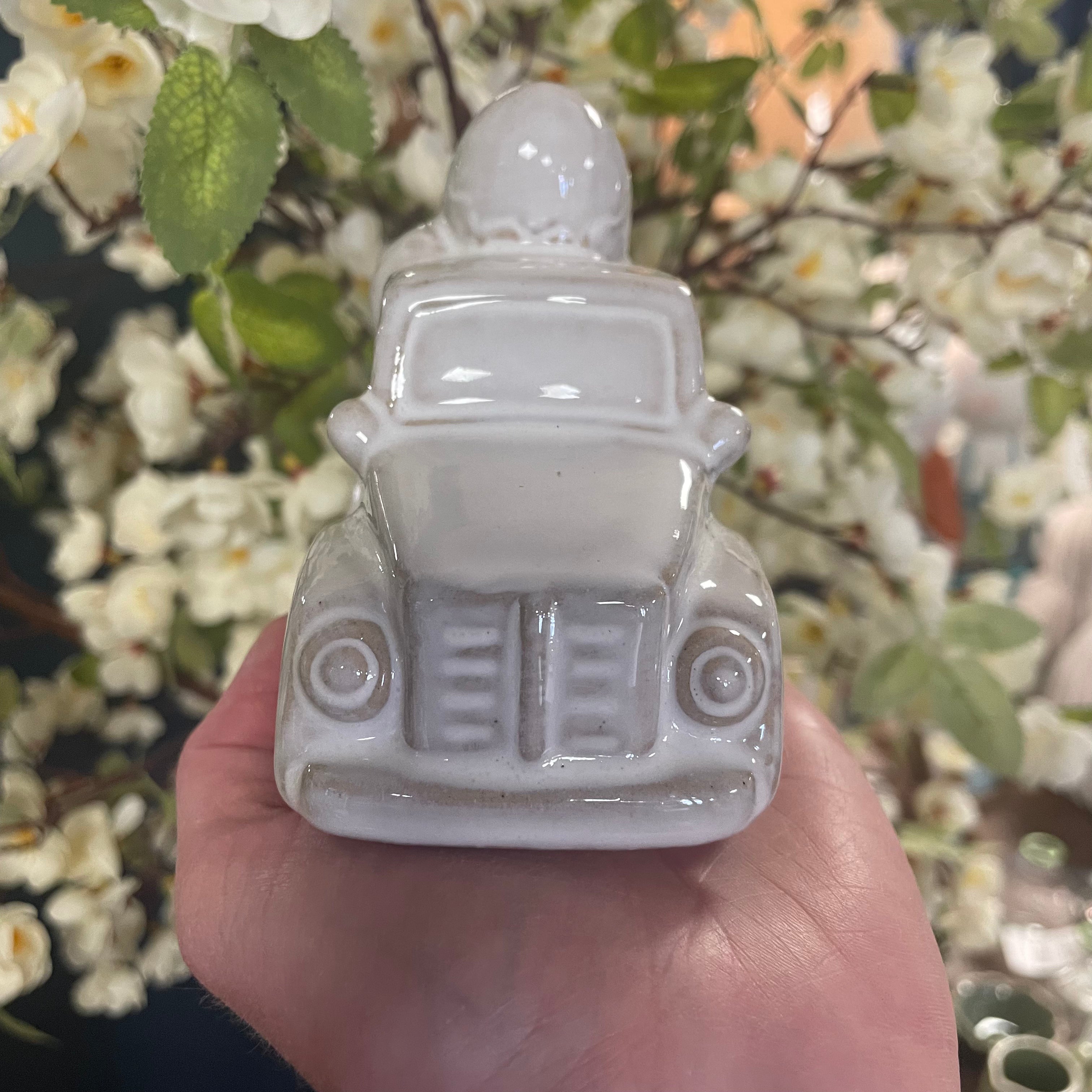 Glazed Ceramic Car Carrying Eggs Ornament with Textured Detail