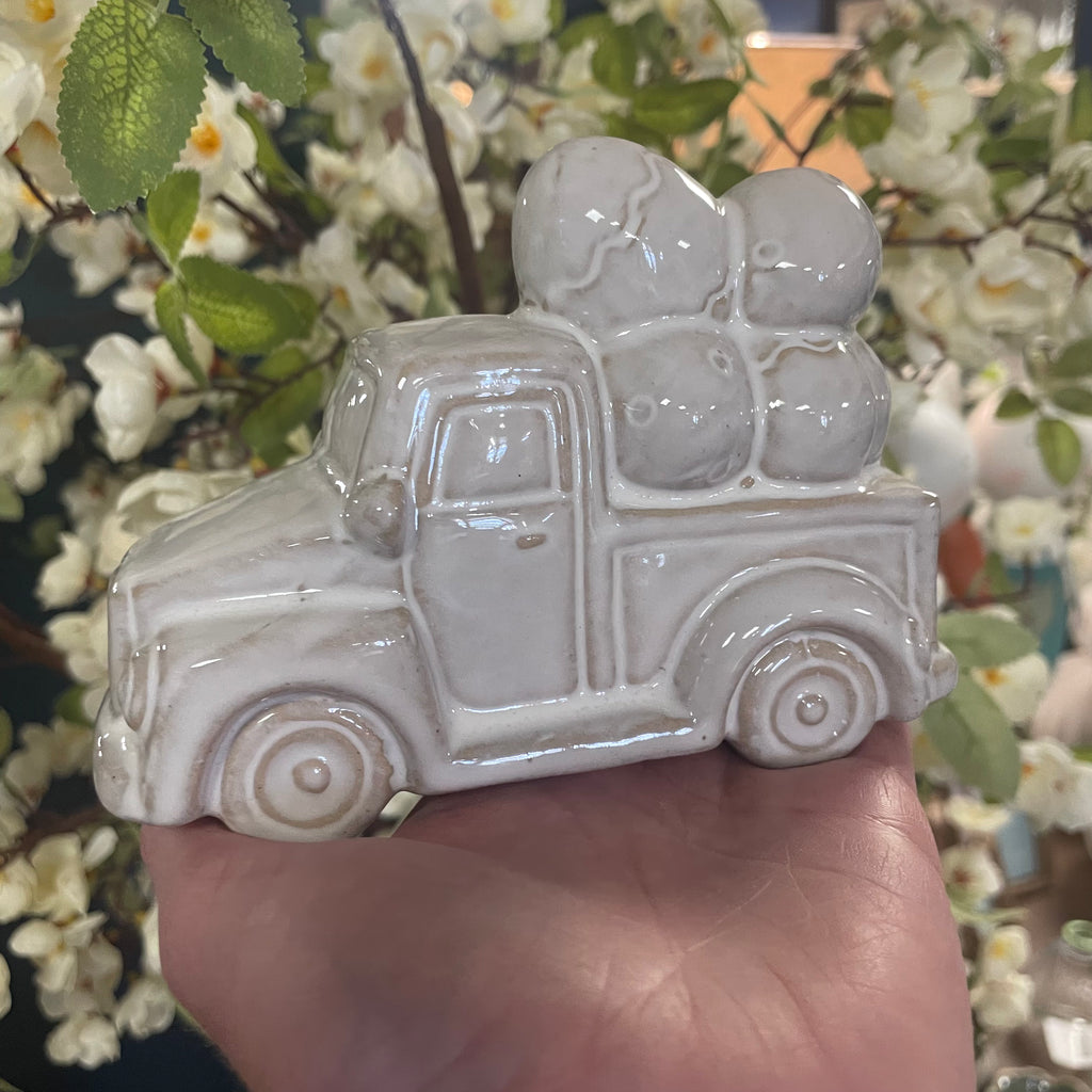 Glazed Ceramic Car Carrying Eggs Ornament with Textured Detail