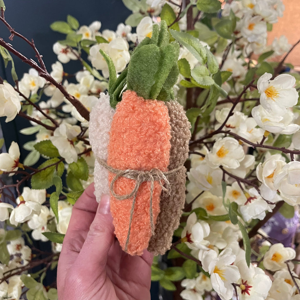 Bunch of 3 teddy fabric carrots tied in string