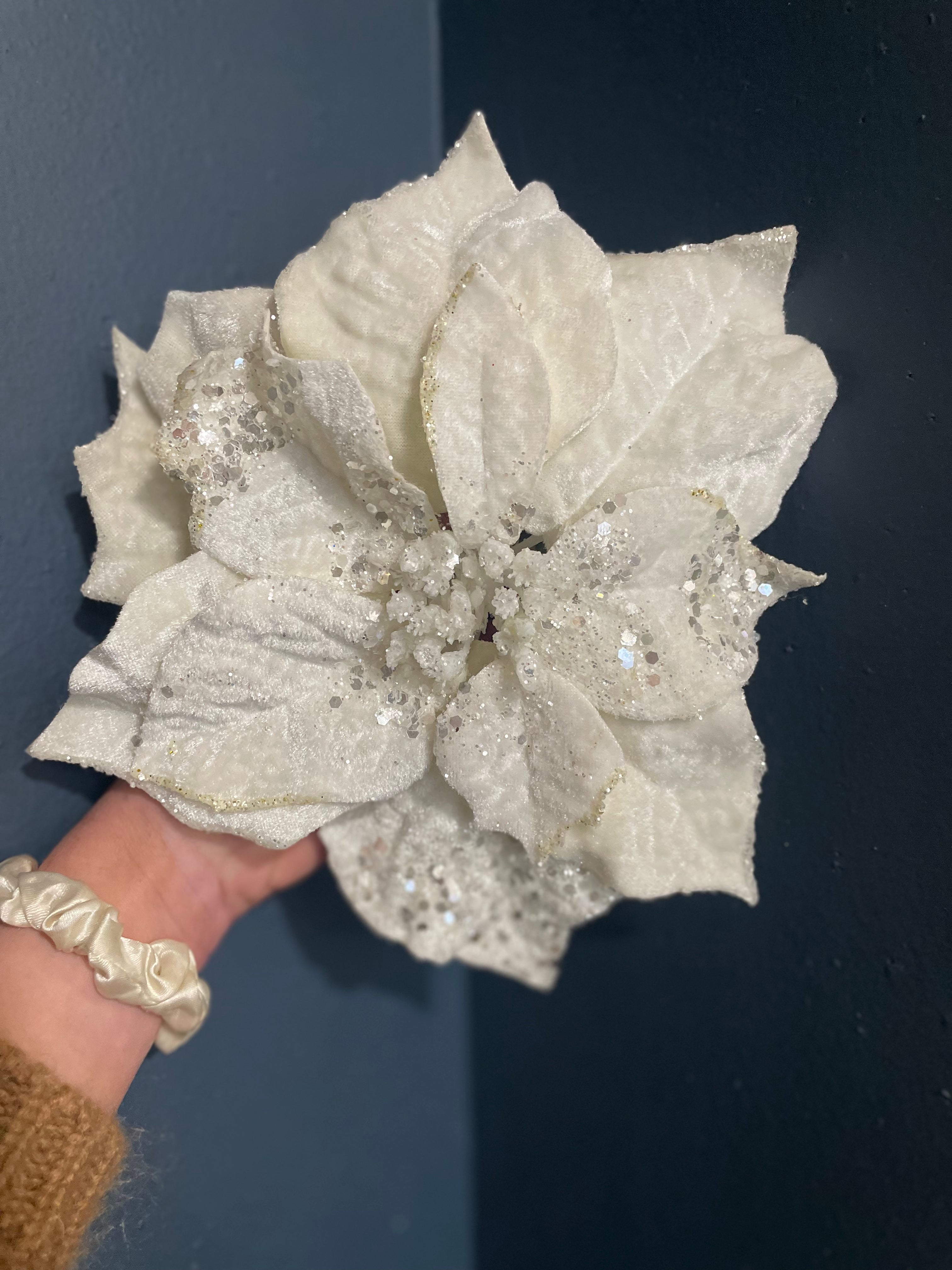 Plush winter white poinsettia floral clip