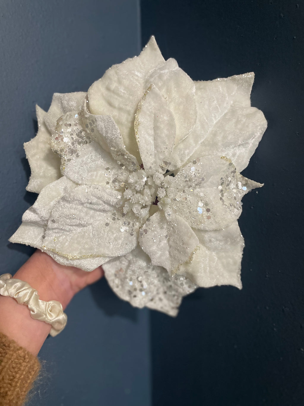 Plush winter white poinsettia floral clip