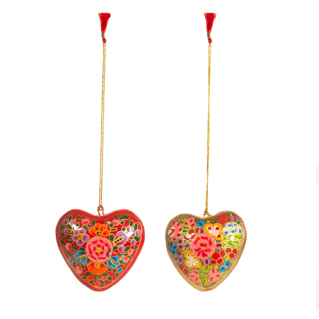 Kaskmiri papier mache heart shaped baubles