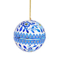 Blue and white papier mache baubles