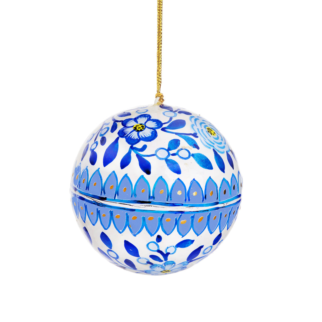 Blue and white papier mache baubles