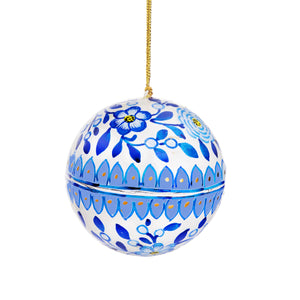 Blue and white papier mache baubles
