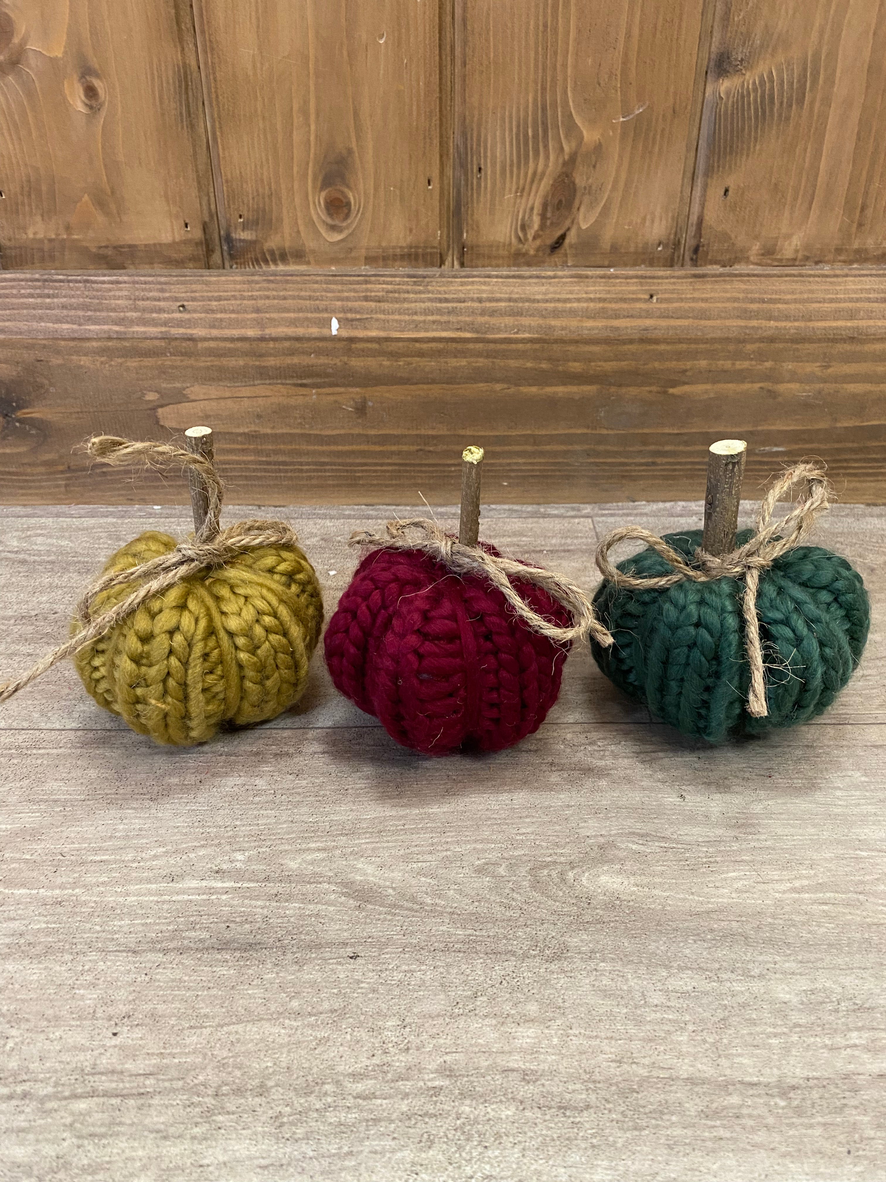 Knitted small pumpkin set- burgundy, green and mustard