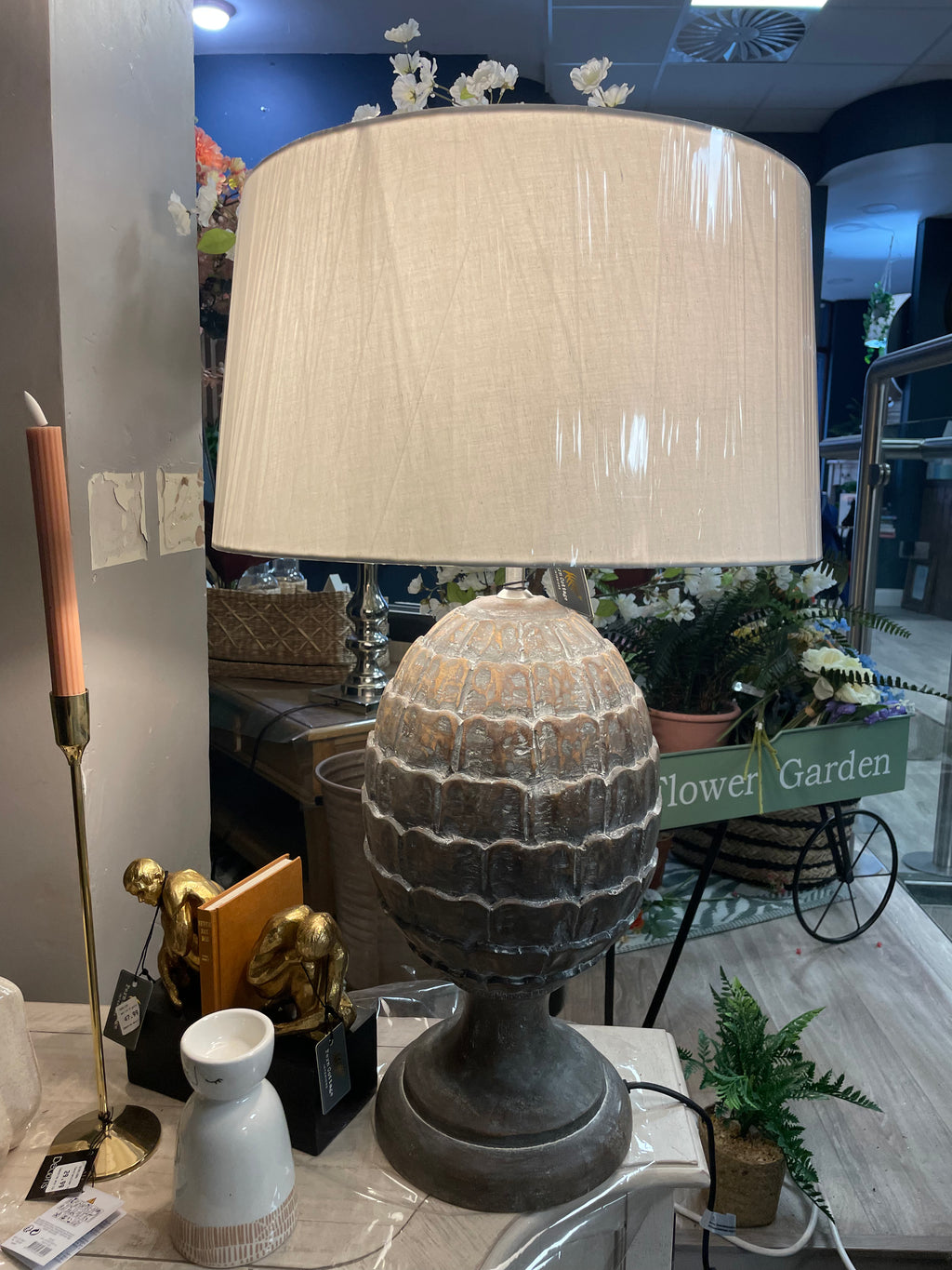 Large wood pinecone lamp base with cream shade