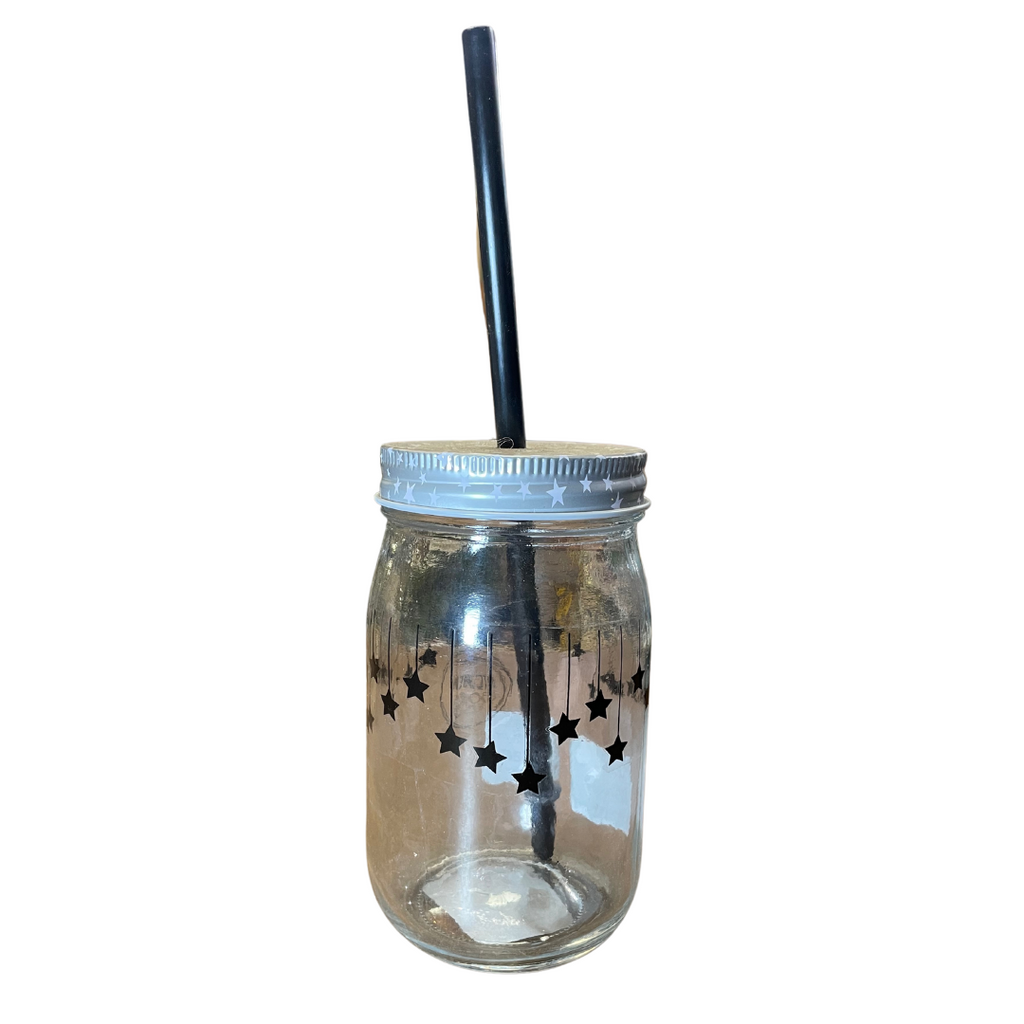 Glass drinking jar with reusable straw