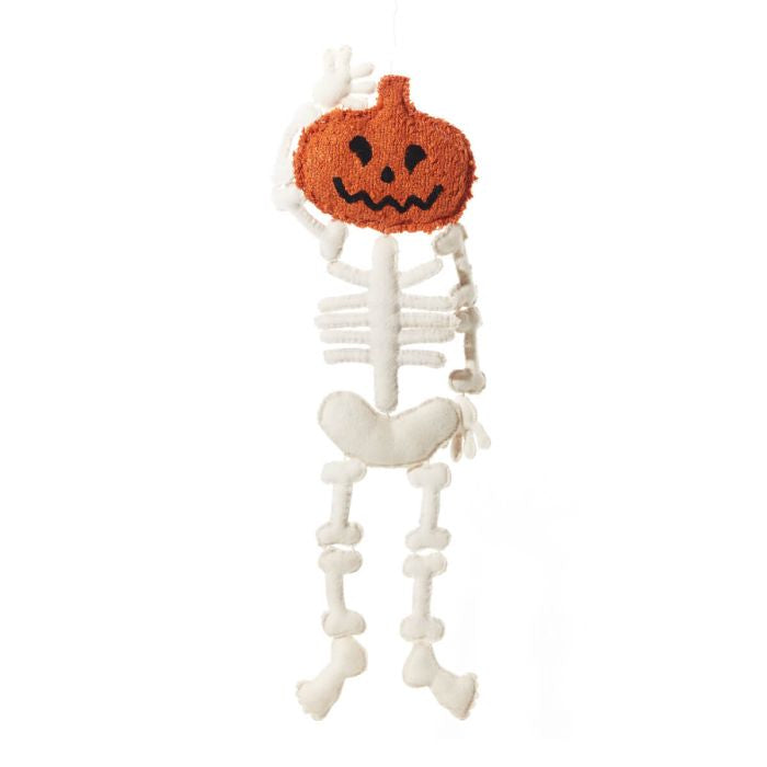 Skeleton with pumpkin head hanging dec