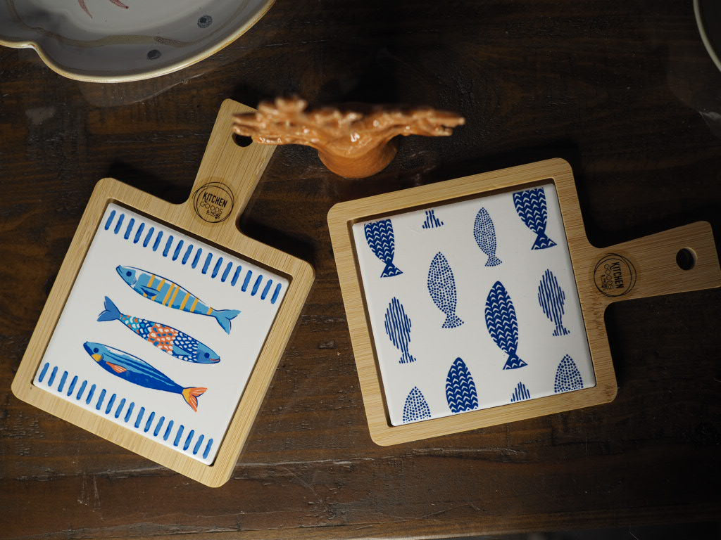 Mini cutting board with porcelain fish print