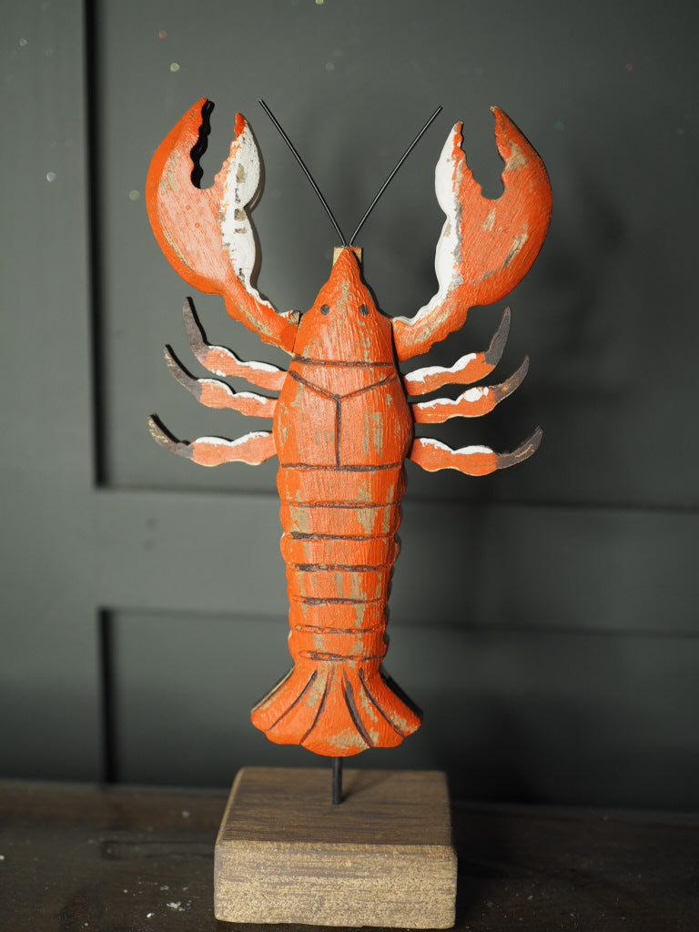Rustic wood lobster on plinth ornament