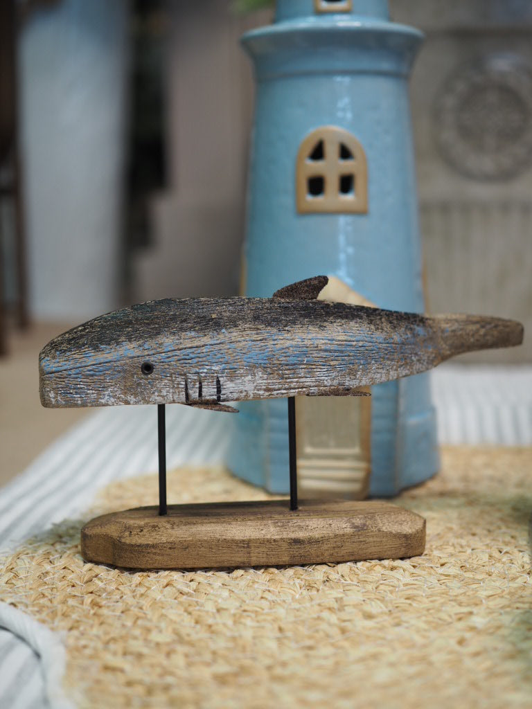 Rustic wood blue whale on plinth ornament