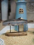 Rustic wood blue whale on plinth ornament
