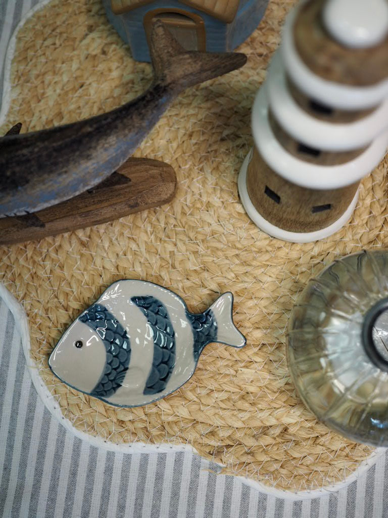Grey stripe stoneware fish mini trinket dish