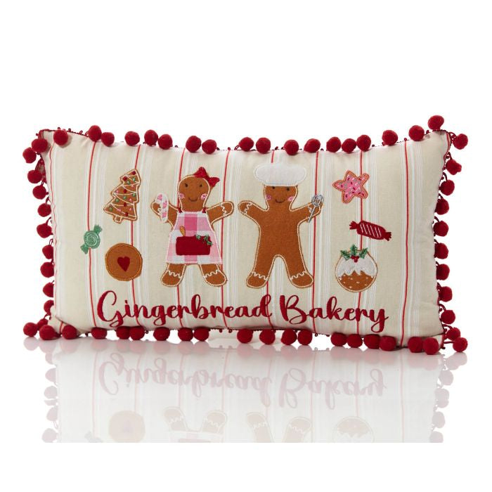 Pompom lined Gingerbread bakery cushion