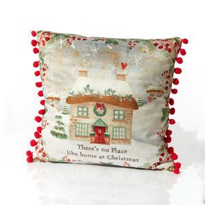 Christmas cottage cushion with red pom pom trim