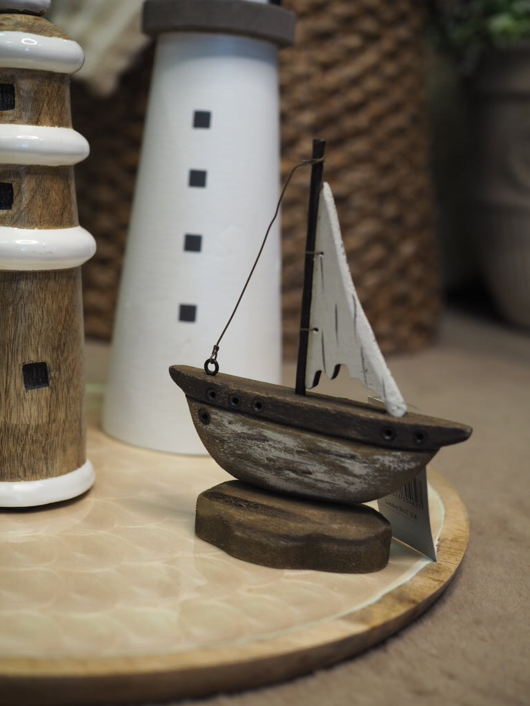Rustic wood white sail boat ornament (Small)