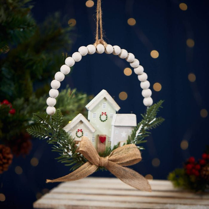 Christmas house hanger with beaded arch and hessian bow