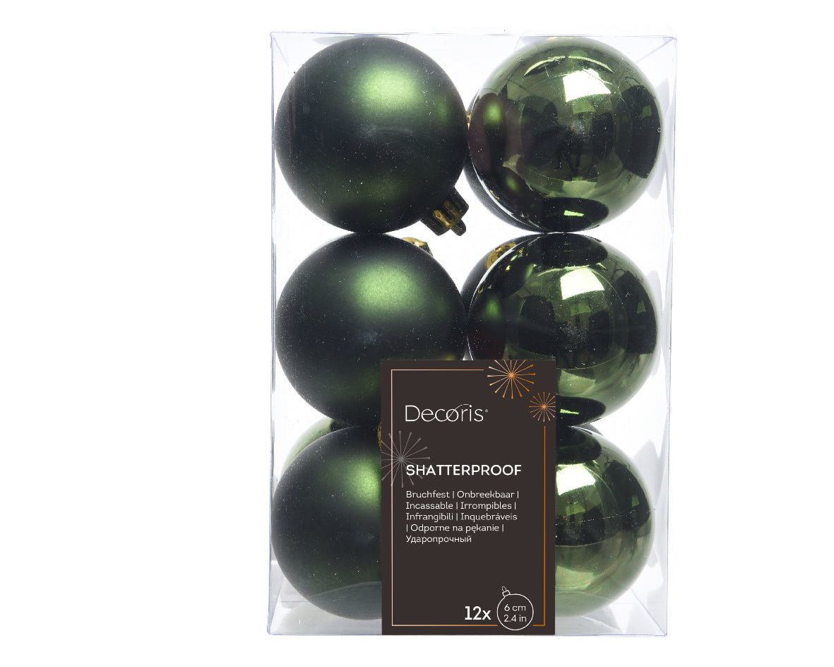 6cm shatterproof evergreen pack of 12 baubles