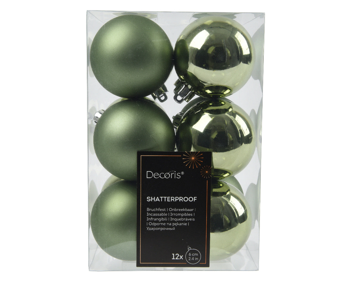 6cm shatterproof sage green pack of 12 baubles