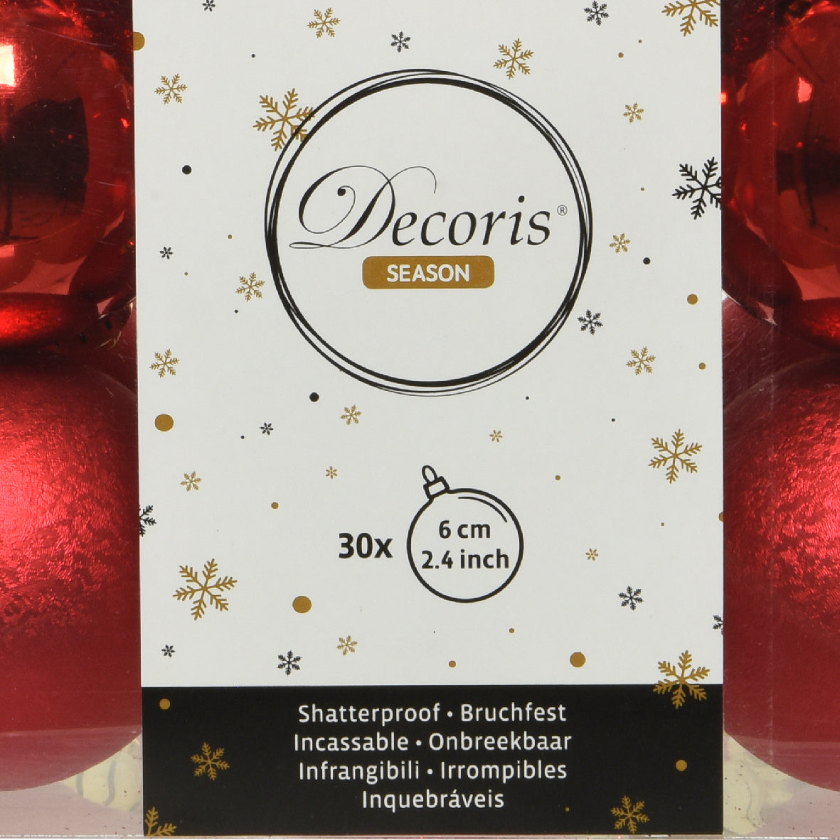 6cm shatterproof Christmas red pack of 30 baubles