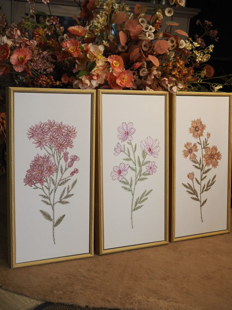 Set of 3 floral embroidery framed canvases