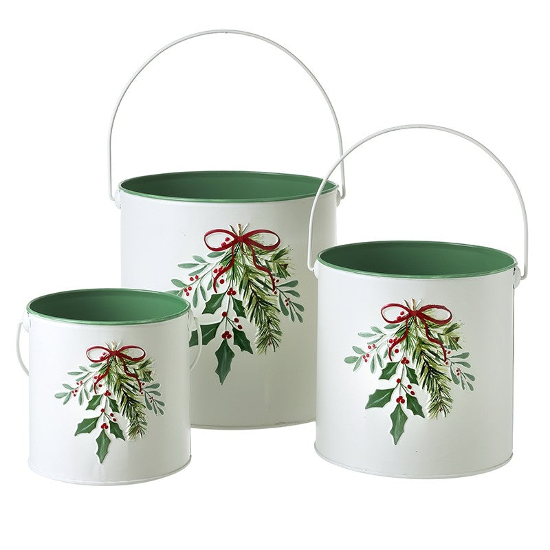 Handled white buckets with holly design