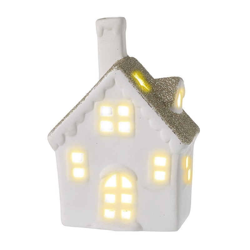 White light up house with gold glitter roof top