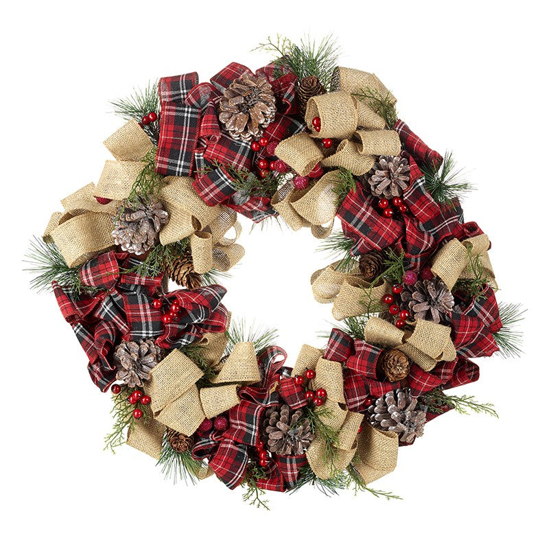 Pinecone wreath with tartan and hessian bows