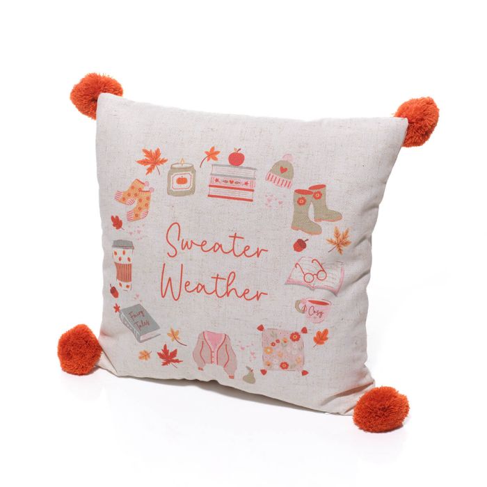 Cosy chapter sweater weather cushion with Pom poms