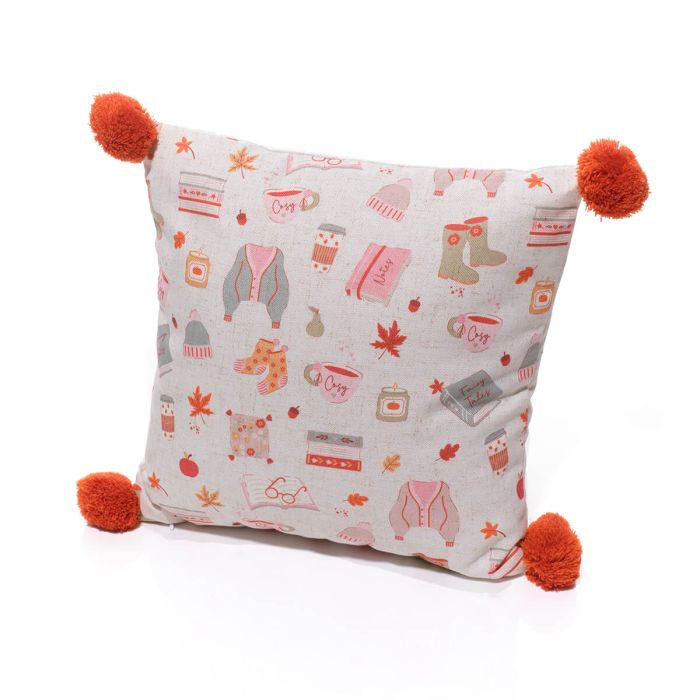 Cosy chapter sweater weather cushion with Pom poms