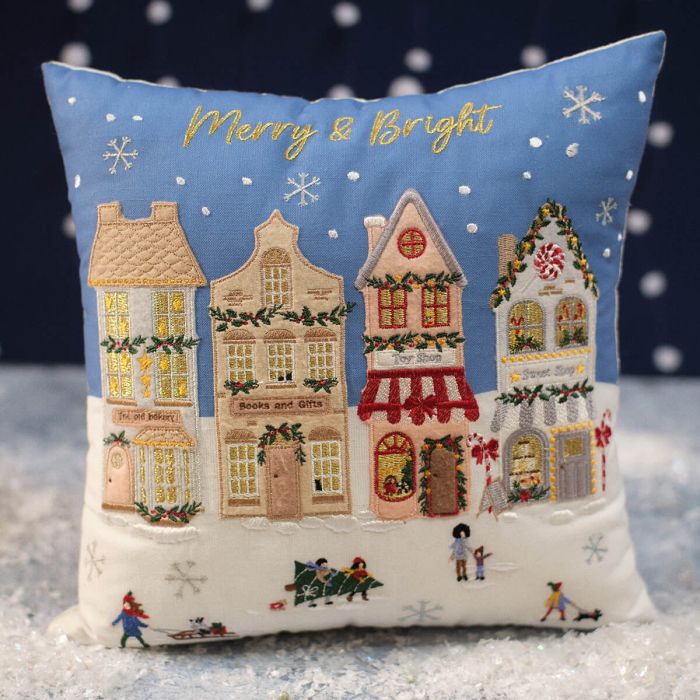 Christmas market scene fabric cushion
