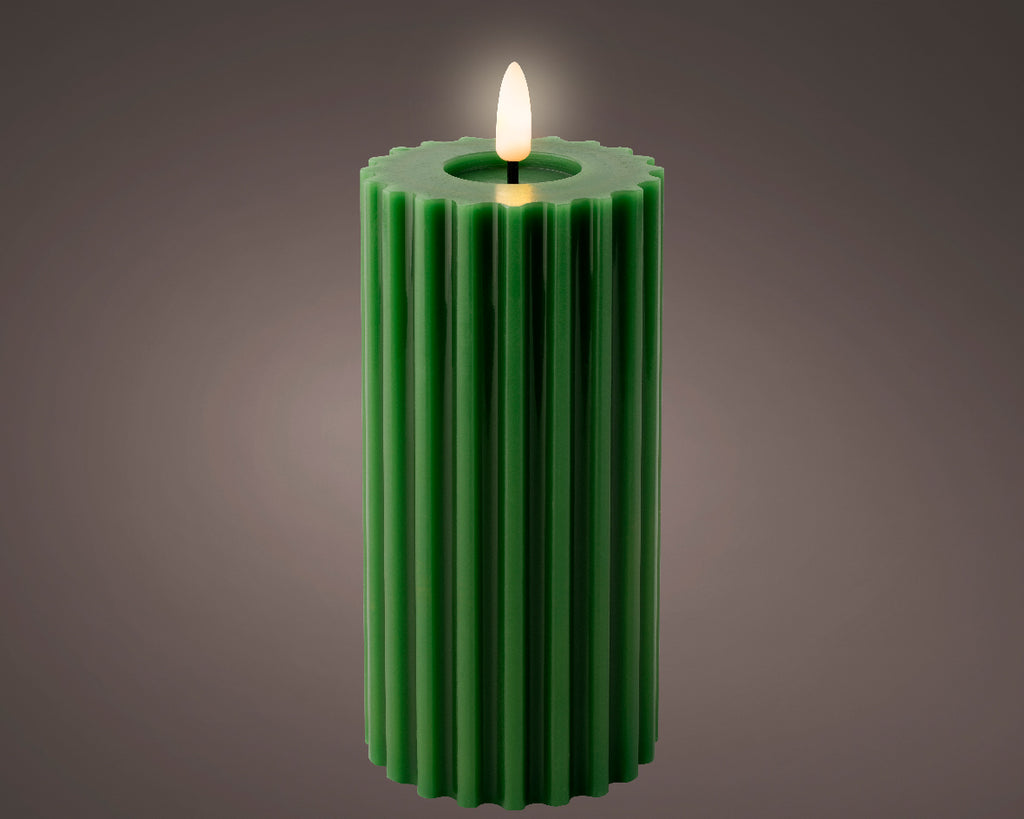 Pine green ribbed LED pillar candle (12.5cm)