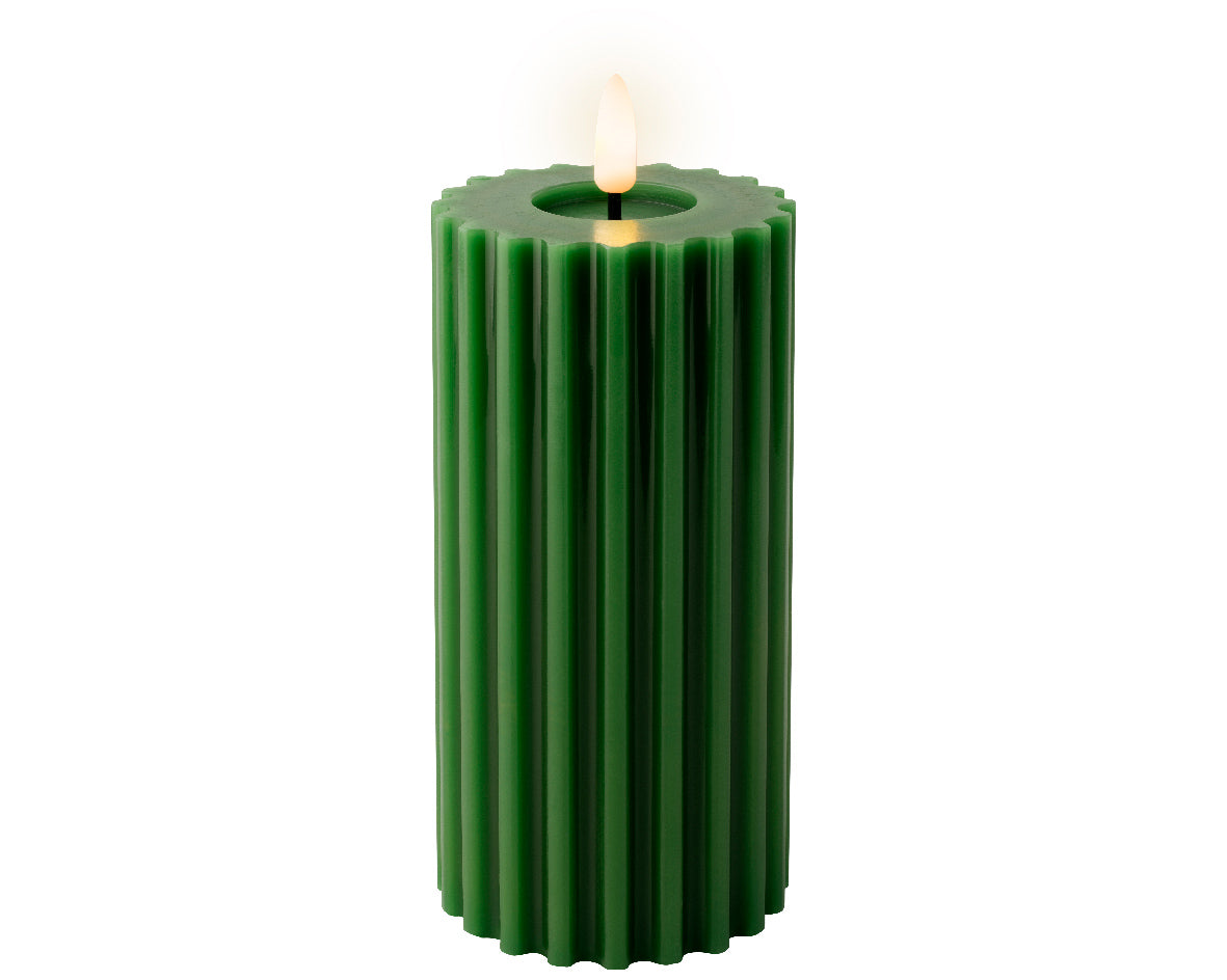 Pine green ribbed LED pillar candle (12.5cm)