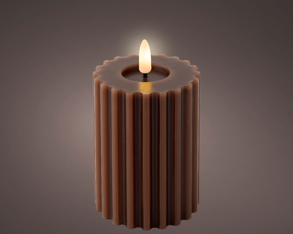 Chocolate ribbed LED pillar candle (17.5cmH)