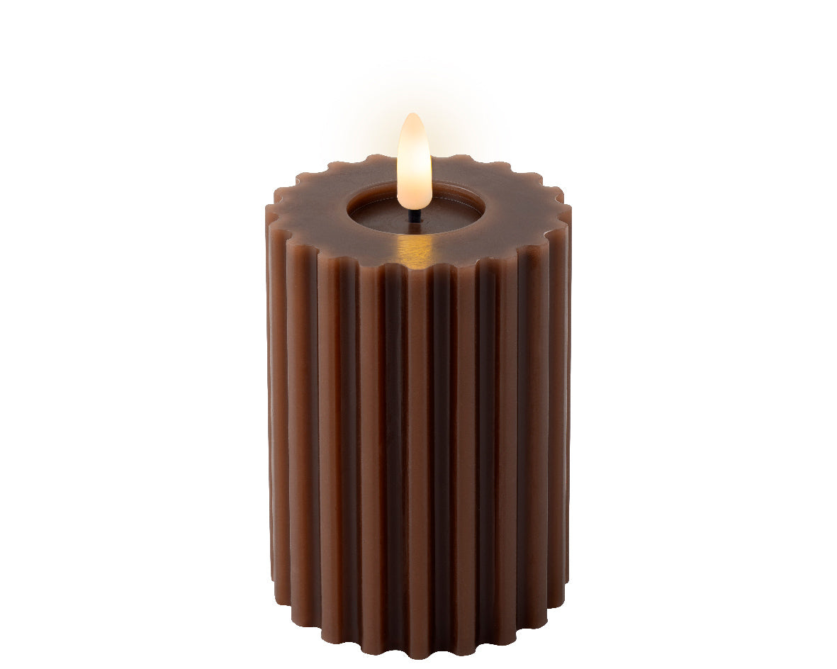 Chocolate ribbed LED pillar candle (17.5cmH)