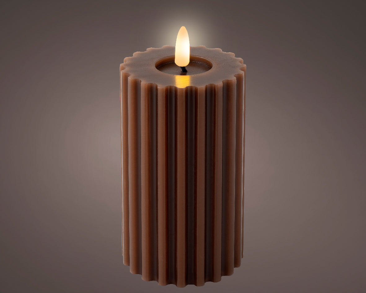 Chocolate ribbed LED pillar candle (14.5cmH)