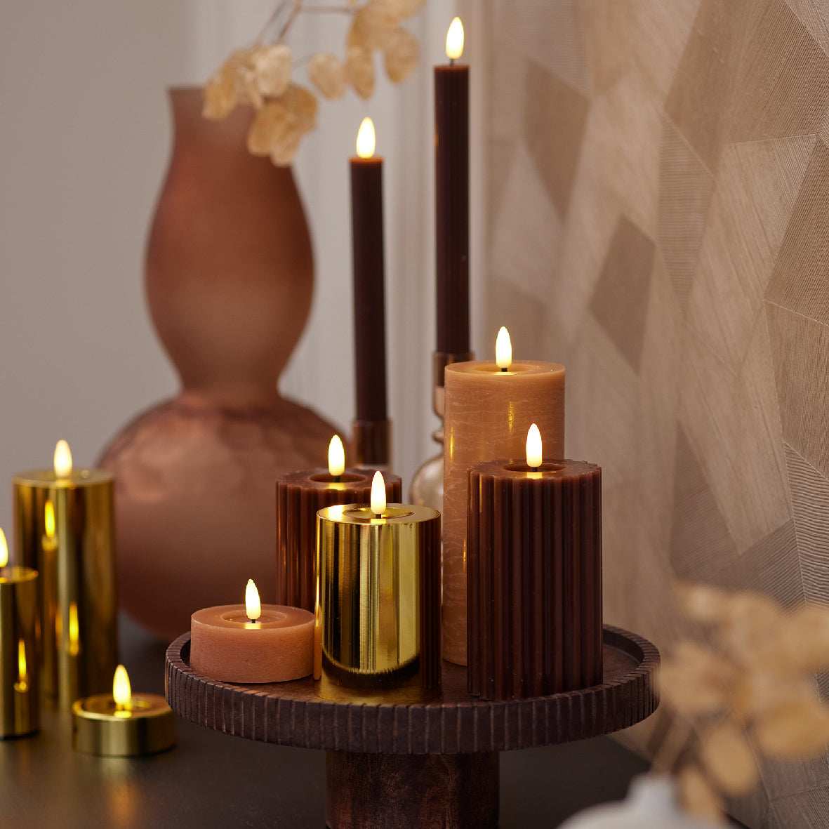 Chocolate ribbed LED pillar candle (14.5cmH)