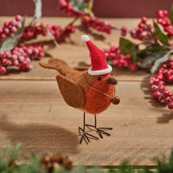 Wool handmade standing robin with Santa hat