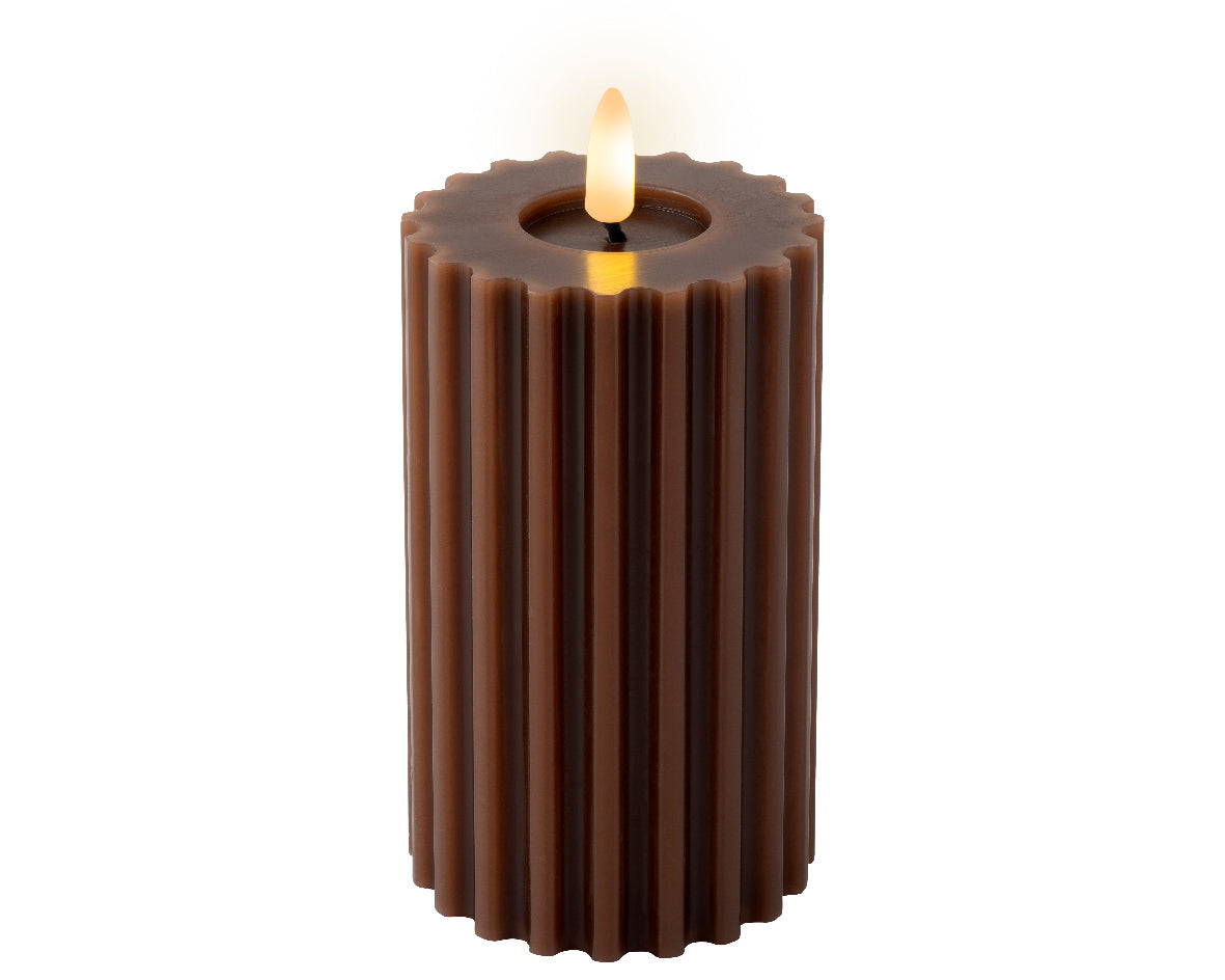 Chocolate ribbed LED pillar candle (14.5cmH)