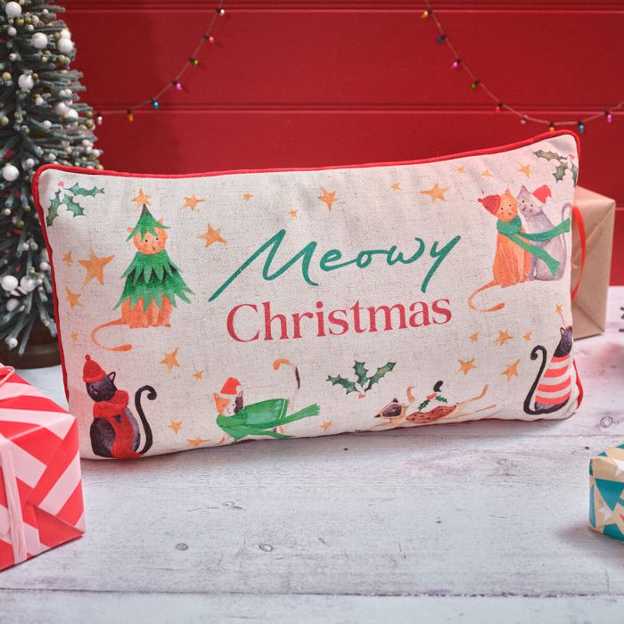Christmas pets ‘Meowy Christmas’ printed cushion