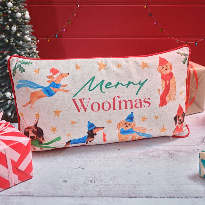 Christmas pets ‘Merry woofmas’ printed cushion