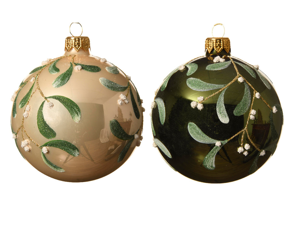 Mistletoe print glass baubles (2 Styles)