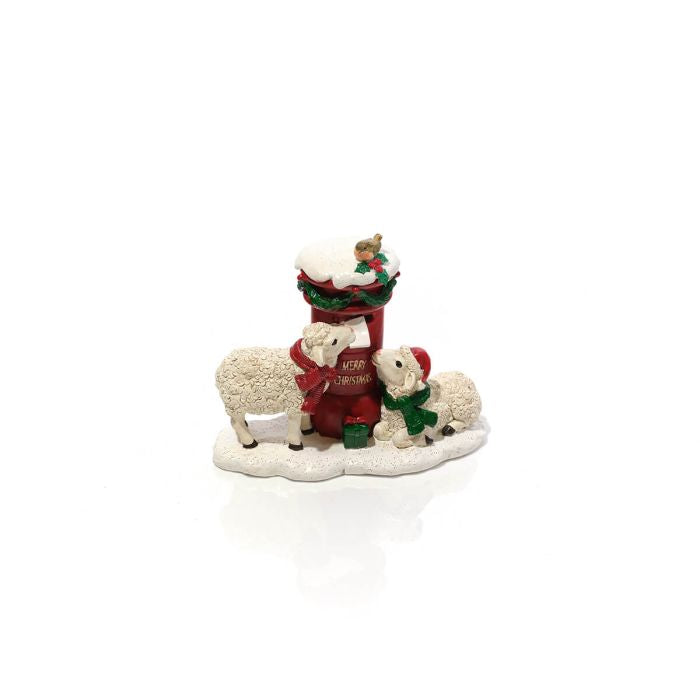 Christmas farm sheep with post box & robin ornament