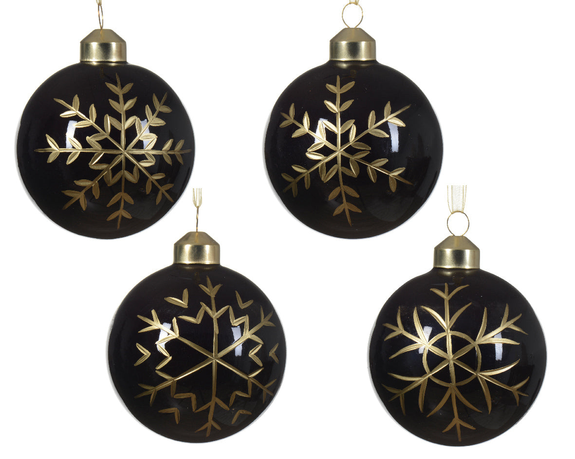 Glossy black and gold snowflake glass baubles (4 Styles)